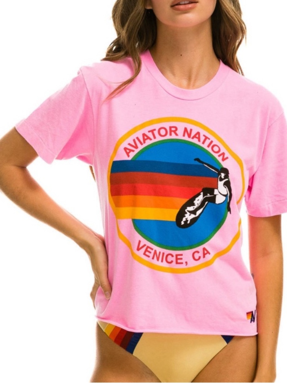 Aviator Nation Signature Boyfriend Tee Neon Pink Large